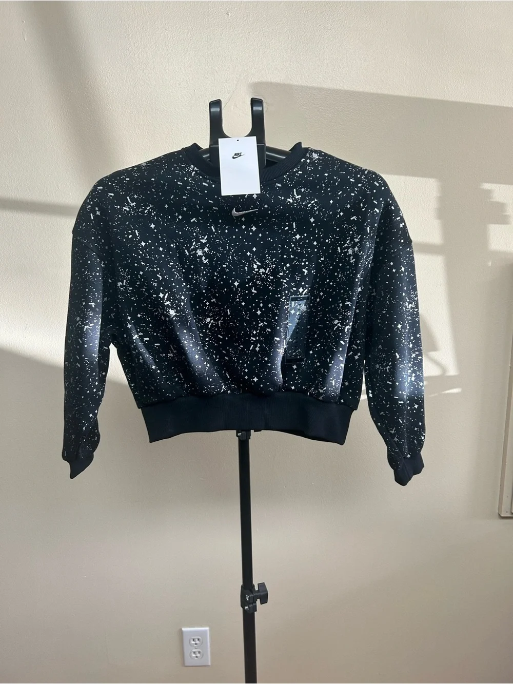 Nike Girls Cropped Sweatshirt Black Metallic Silver Splatter Crewneck Youth M